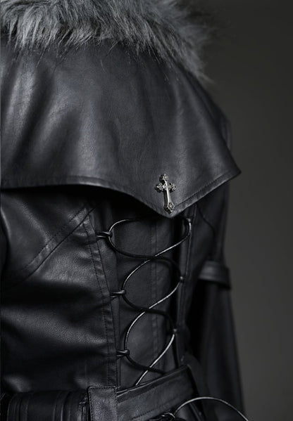 ドラゴンズブレス ブラックフェイクファーカラー PUレザートレンチコート