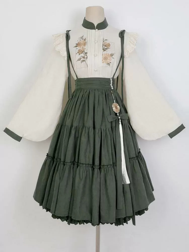with Embroidery Set Green Tiered Sunflower Sunflowers Skirt Beige Charm + Blouse