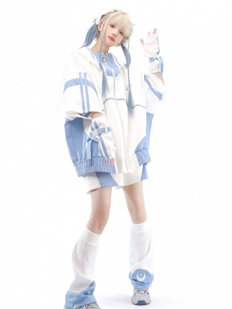 Vorderseite Tenshi Weiße Jacke Oben Blaue Ärmel Kaiwai Light und Sweatershirt Zip Ellenbogenlang