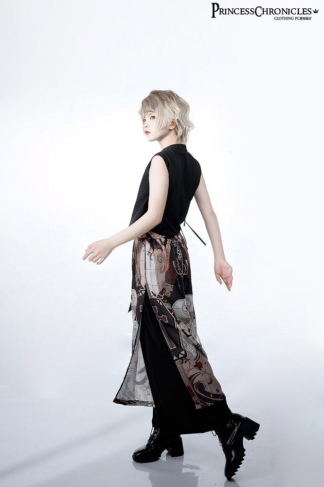 Wide-Leg Trousers with Night Command Cross Graphic in Dark Tone - Princess Chronicles