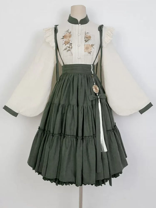 Sunflowers Appointment Color Green Lolita Overall Skirt