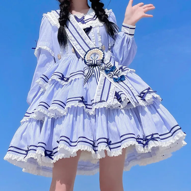 Sailor Striped OP Set Rock Sommer Full Lolita Muster Kleid Blau Tiered