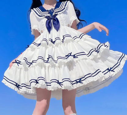 Komplettes Matrosen-Lolita-Rock-Set, Sommerkleid, gestuft, weiß, OP
