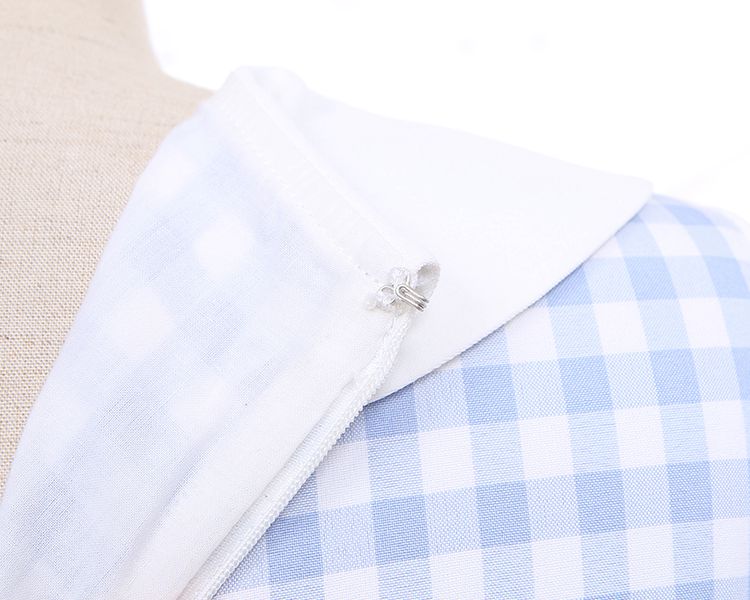 Blue Little Chicken Peter Pan Collar Plaid Short Puff Sleeves Dress