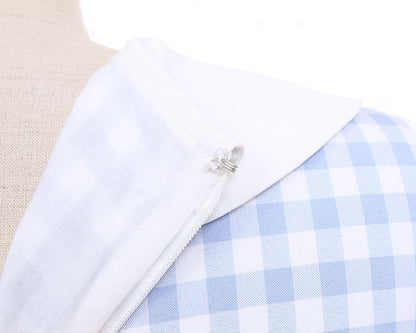 Blue Little Chicken Peter Pan Collar Plaid Short Puff Sleeves Dress