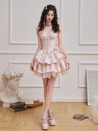 ピンクのロゼットブローチ付きボーン入りコルセットトップ