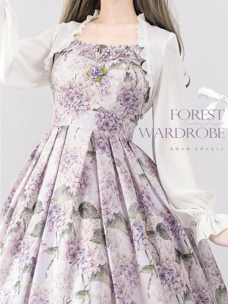 パープルアジサイプリントのジャンパースカートドレス