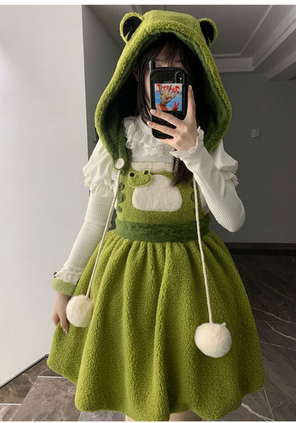 リトルフロッグ グリーン バブルスカート フリース 冬用オーバーオールドレス
