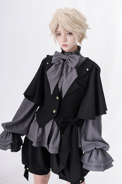 ロリータシャツ グレー 詩人袖 フリル ファッション 王子ネックライン ビショップ