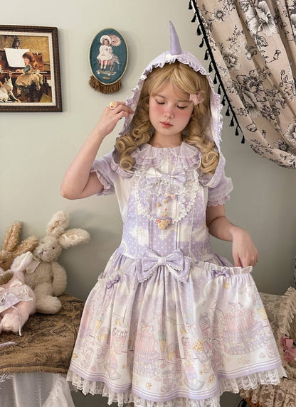 Süßes Lolita-Overallkleid mit abnehmbarer Kapuze und Einhorn und Dessert, Lila