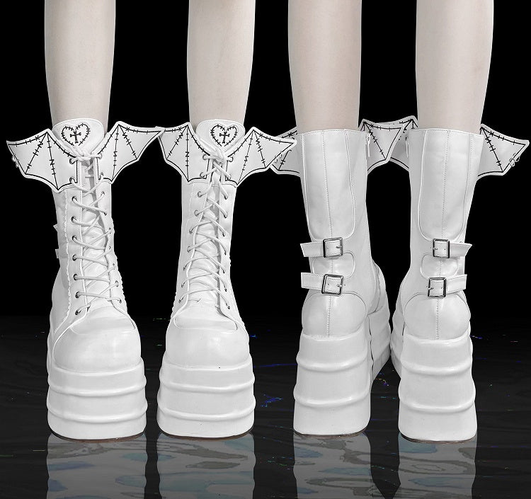 White Lace-up Design Boots Goth Bat Platform Tie Wings