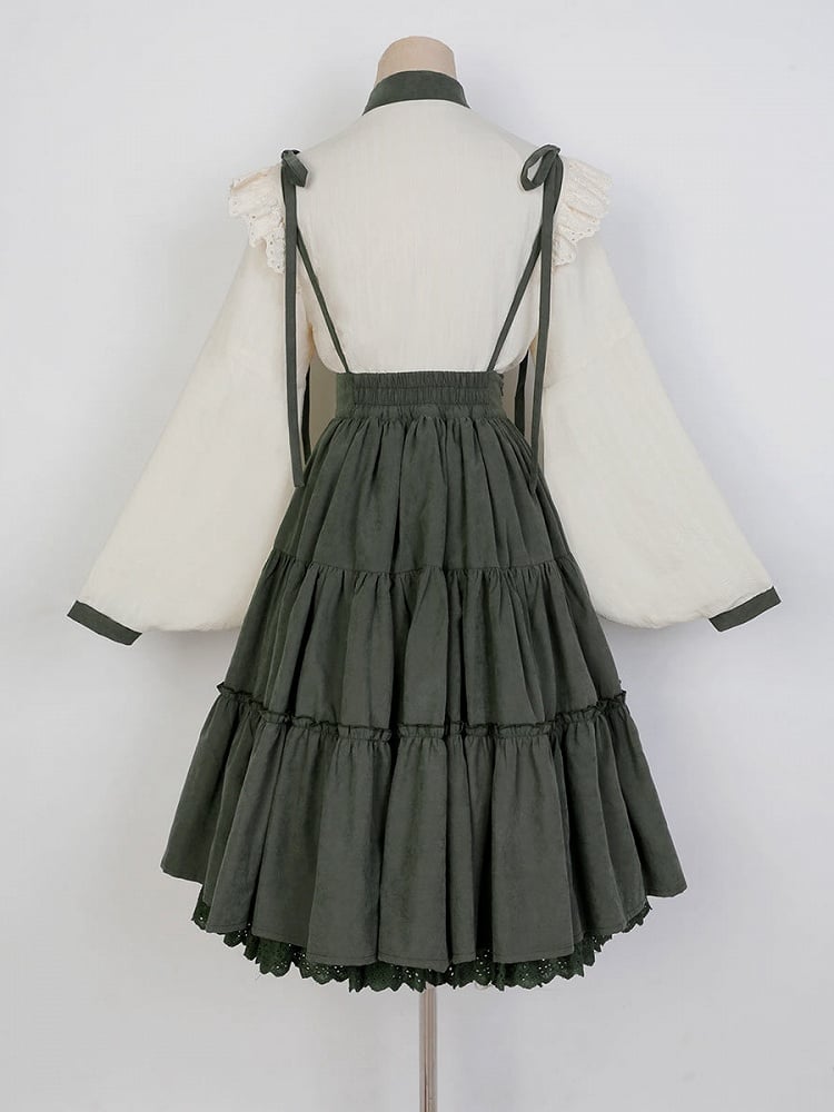 Sunflowers Embroidery Set + Tiered Sunflower Blouse Skirt Green with Charm Beige