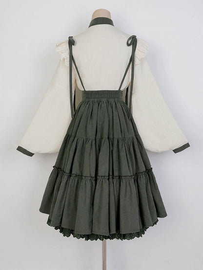 Sunflowers Embroidery Set + Tiered Sunflower Blouse Skirt Green with Charm Beige