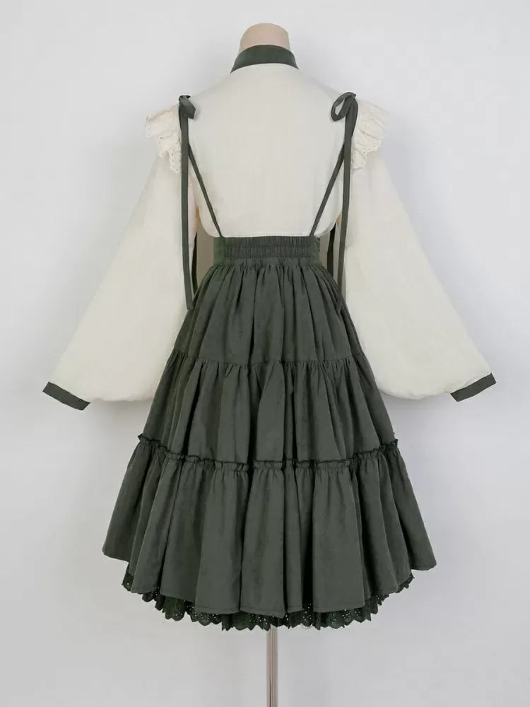 with Embroidery Set Green Tiered Sunflower Sunflowers Skirt Beige Charm + Blouse