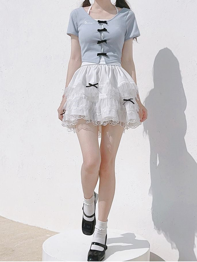 Bowknot Lace Trim Skirt Tiered Black White with Details