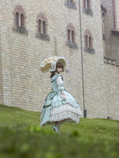 Dress Cascading of Lolita Valley Green Slit Lily Embroidery Light Ruffle Side Classic the with