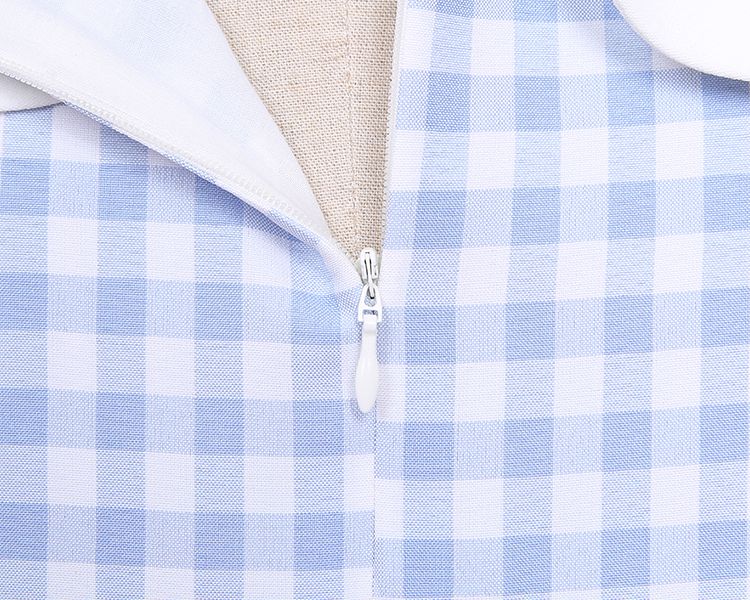 Blue Little Chicken Peter Pan Collar Plaid Short Puff Sleeves Dress