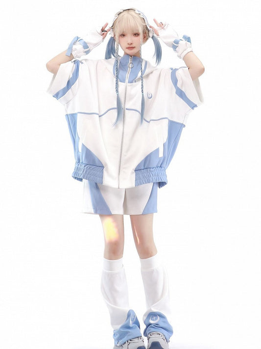 Front Tenshi White Jacket Up Blue Sleeves Kaiwai Light and Sweatershirt Zip Elbow-length