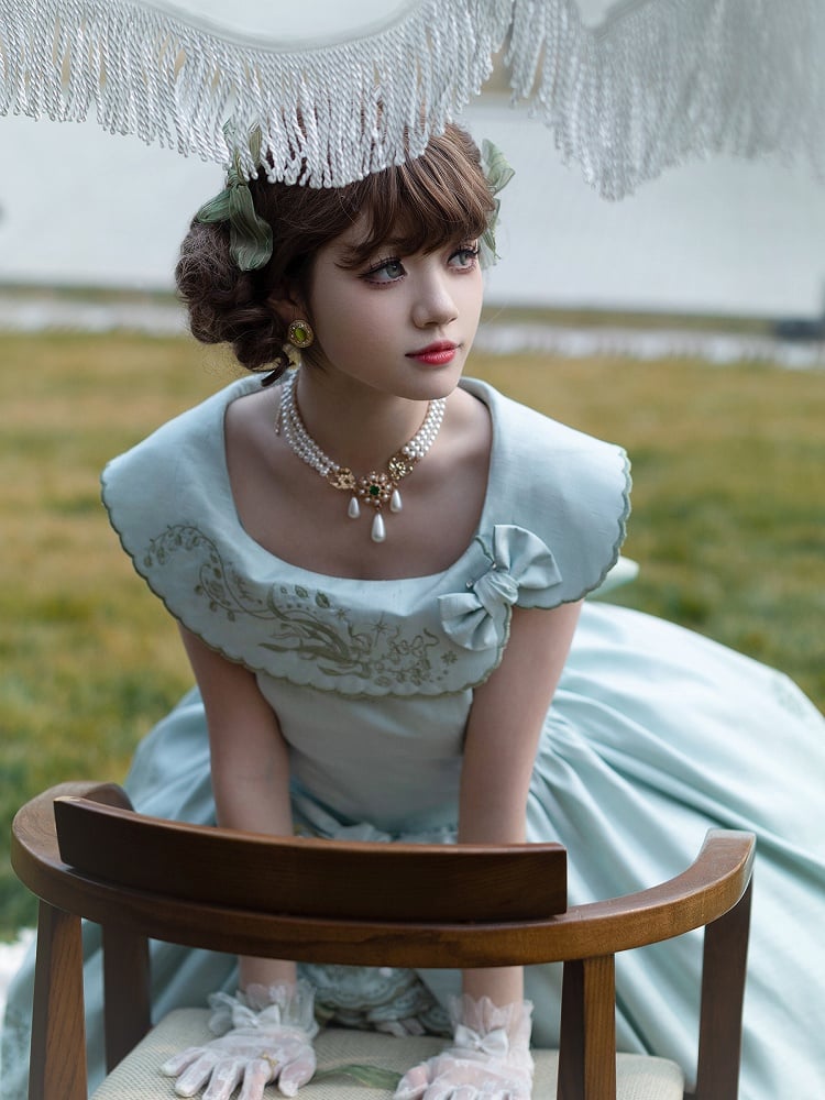 Dress Cascading of Lolita Valley Green Slit Lily Embroidery Light Ruffle Side Classic the with