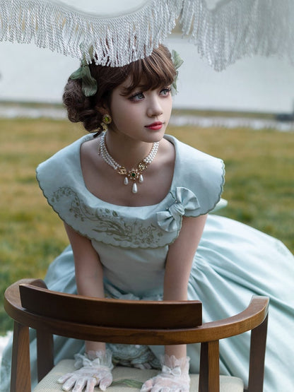 Dress Cascading of Lolita Valley Green Slit Lily Embroidery Light Ruffle Side Classic the with