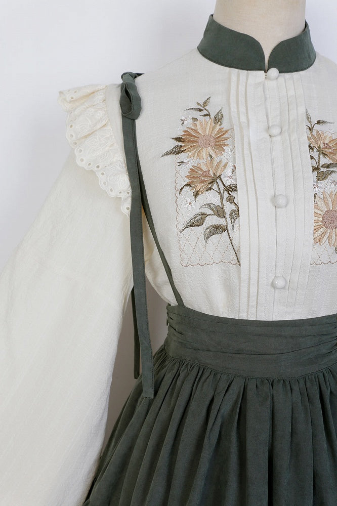 Sonnenblumen Stickset + Stufenbluse mit Sonnenblumenrock Grün mit Charm Beige