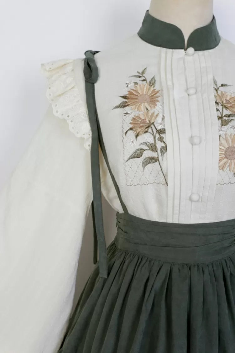 with Embroidery Set Green Tiered Sunflower Sunflowers Skirt Beige Charm + Blouse
