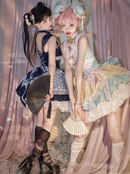 Dark Blue Banded Collar Halter Neck Tiered Drawstring Hem Lolita JSK Set