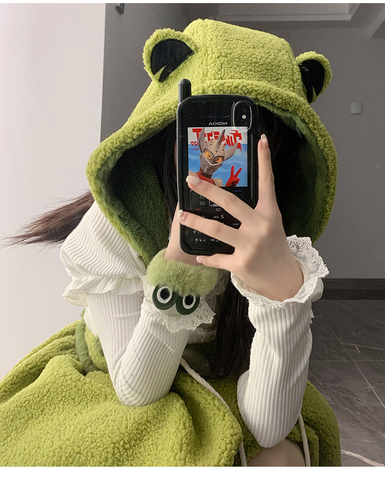 リトルフロッグ グリーン バブルスカート フリース 冬用オーバーオールドレス