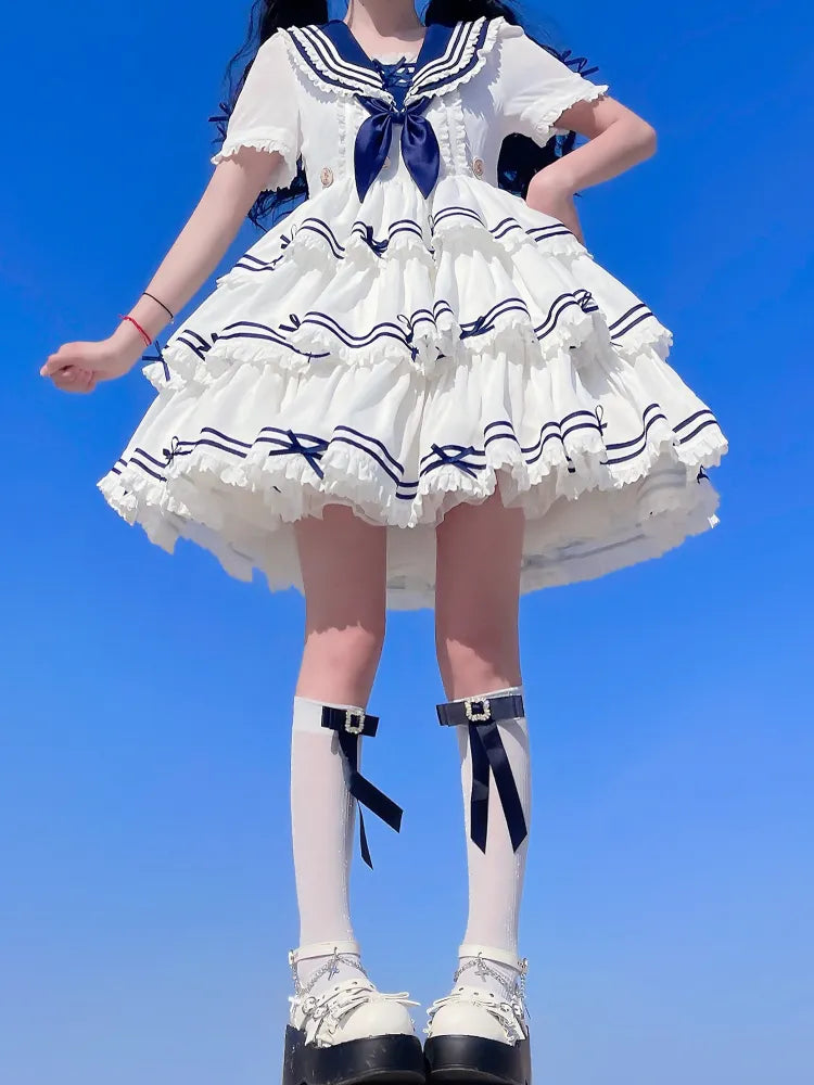Komplettes Matrosen-Lolita-Rock-Set, Sommerkleid, gestuft, weiß, OP
