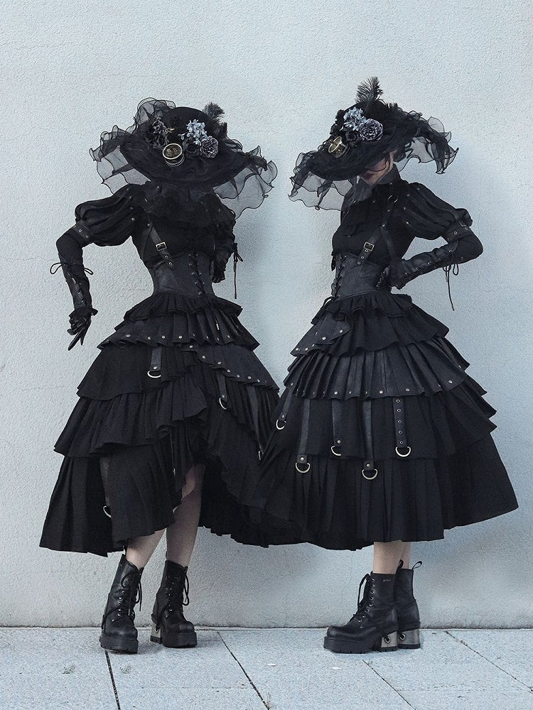 Black Gothic Lolita Shirt, Juliette Sleeves Steampunk Top, Plus Size - FOXTROT