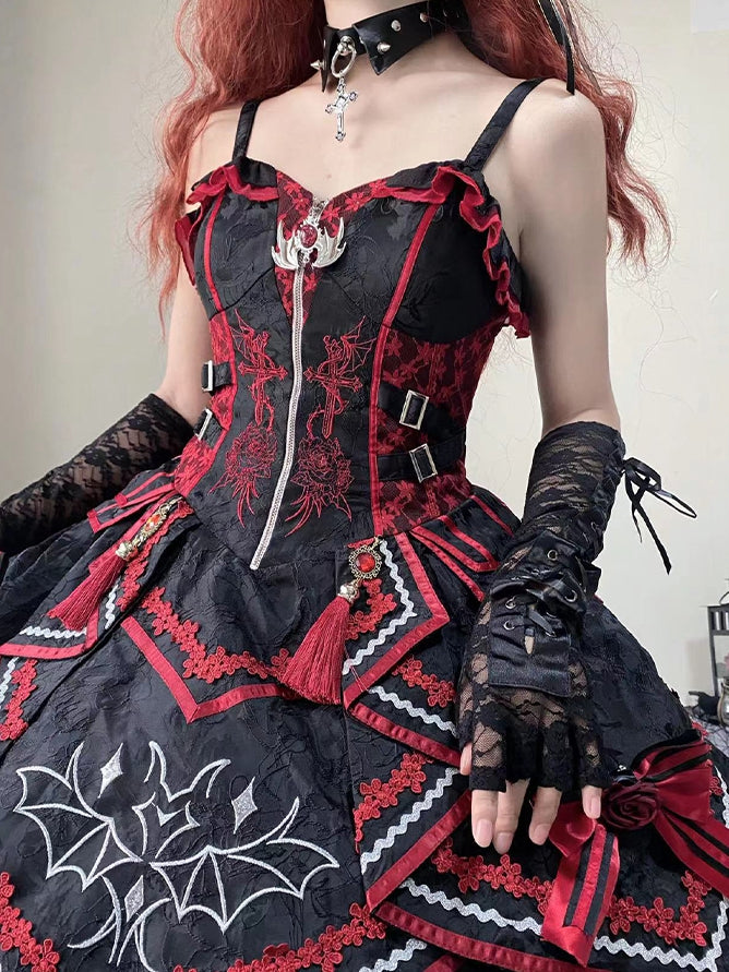 Gothic Bat Black Cross Embroidery Lolita Front Red JSK and Buckle Side Zip