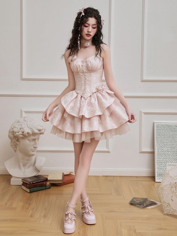 ピンクのロゼットブローチ付きボーン入りコルセットトップ