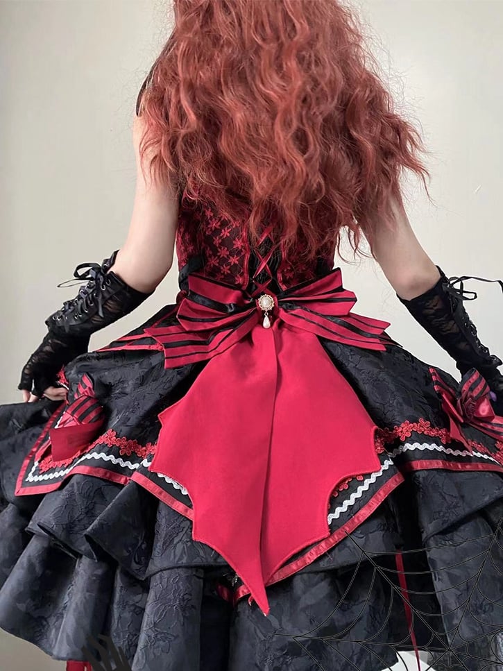 Gothic Bat Black Cross Embroidery Lolita Front Red JSK and Buckle Side Zip