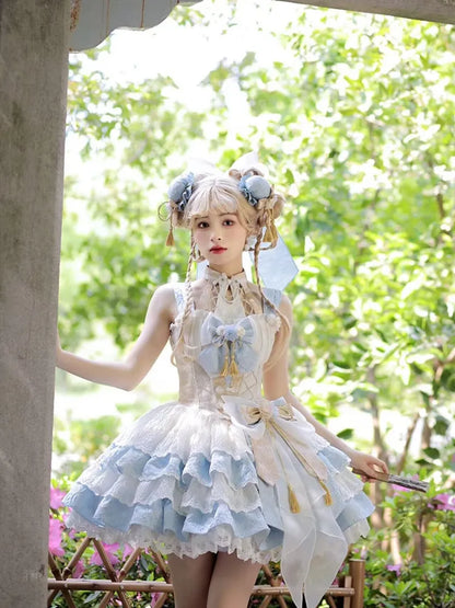 バスクブルー取り外し可能なロリータネックQiホルタードレスウエストティアードスカート