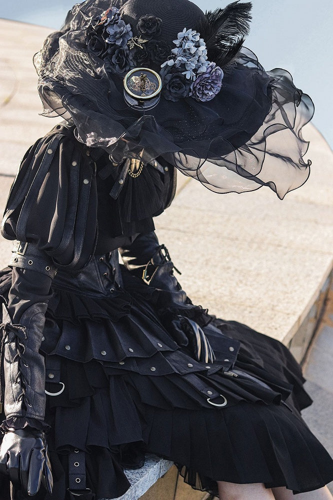 Black Gothic Lolita Shirt, Juliette Sleeves Steampunk Top, Plus Size - FOXTROT