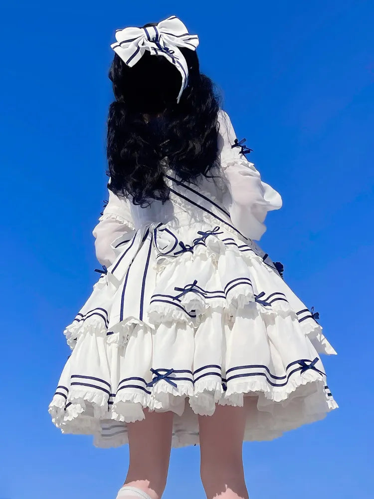 Komplettes Matrosen-Lolita-Rock-Set, Sommerkleid, gestuft, weiß, OP
