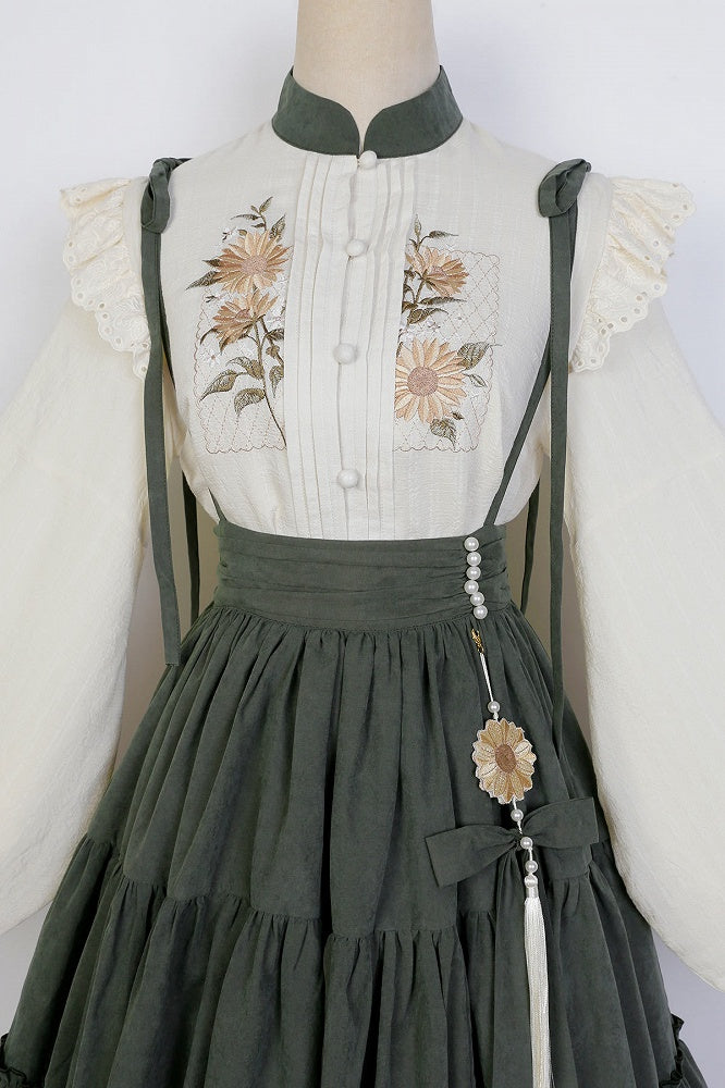 Sunflowers Embroidery Set + Tiered Sunflower Blouse Skirt Green with Charm Beige