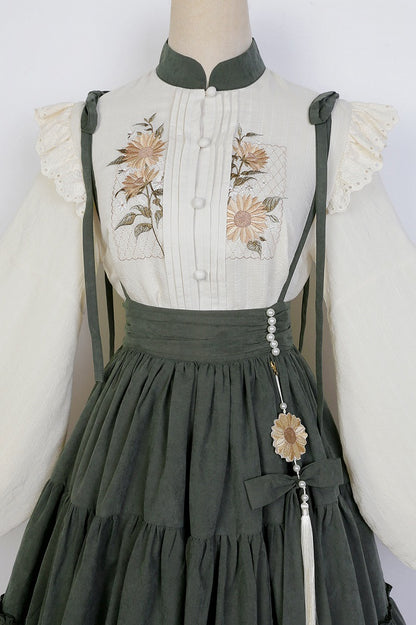 Sunflowers Embroidery Set + Tiered Sunflower Blouse Skirt Green with Charm Beige