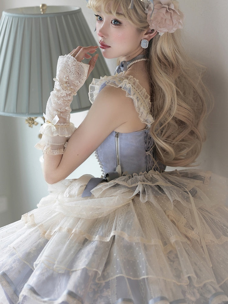 Skirt Corset Blue Boned Balletcore + Print Top Floral Lolita Princess