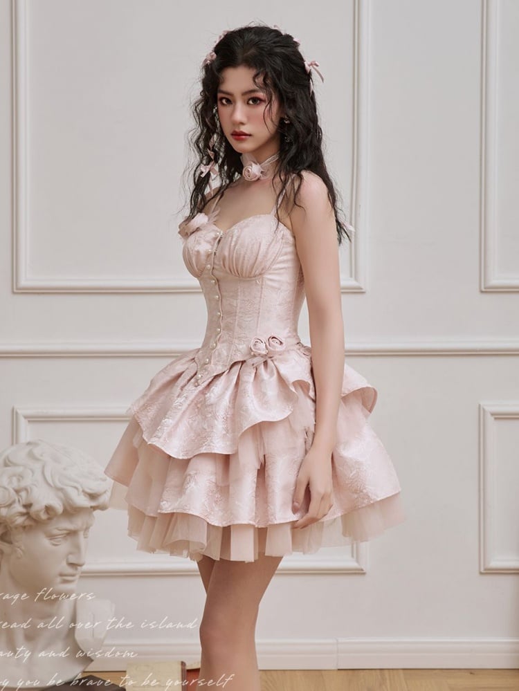 ピンクのロゼットブローチ付きボーン入りコルセットトップ