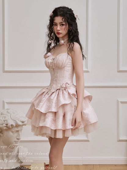 ピンクのロゼットブローチ付きボーン入りコルセットトップ