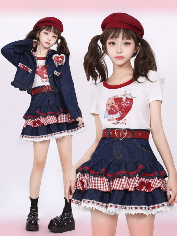 Marineblauer Spitzensaum mit Schleifenakzenten, gestufter Denim-Rock mit kariertem Patchwork