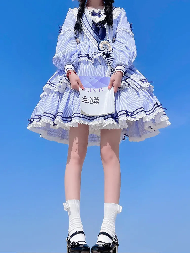 Sailor Striped OP Set Rock Sommer Full Lolita Muster Kleid Blau Tiered