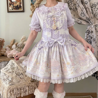 Süßes Lolita-Overallkleid mit abnehmbarer Kapuze und Einhorn und Dessert, Lila