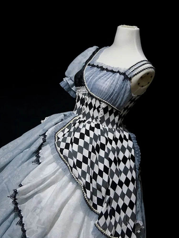Blue Asymmetrical Design Checkerboard Lolita Dress Alice in Wonderland Vibes Long Version