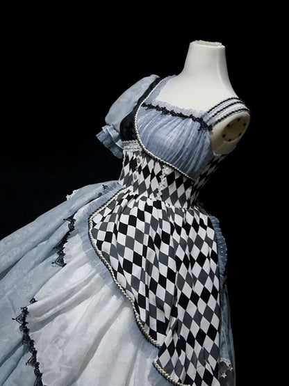Blue Asymmetrical Design Checkerboard Lolita Dress Alice in Wonderland Vibes Long Version