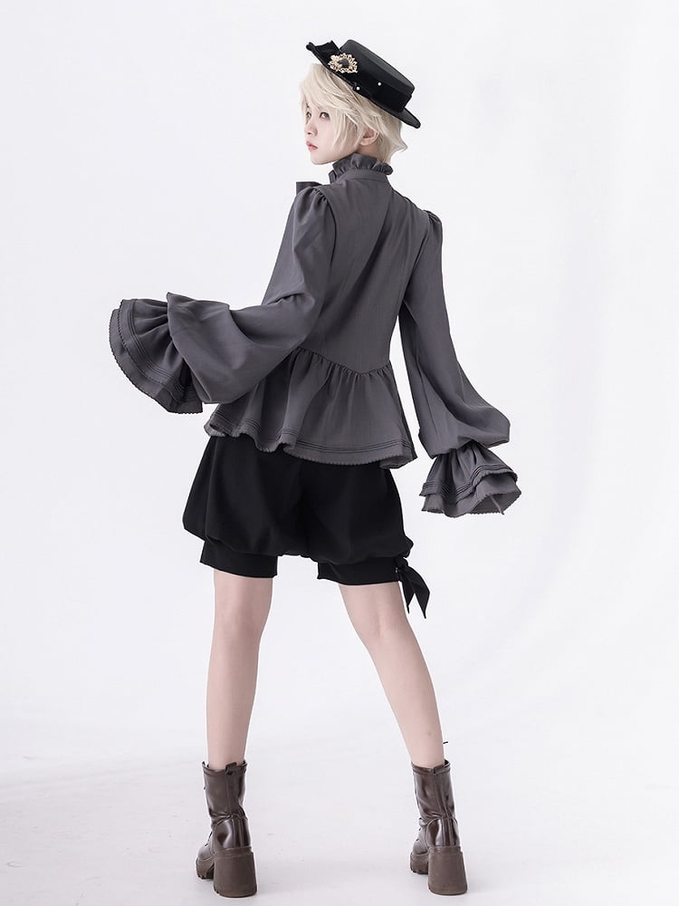 ロリータシャツ グレー 詩人袖 フリル ファッション 王子ネックライン ビショップ