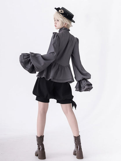 ロリータシャツ グレー 詩人袖 フリル ファッション 王子ネックライン ビショップ