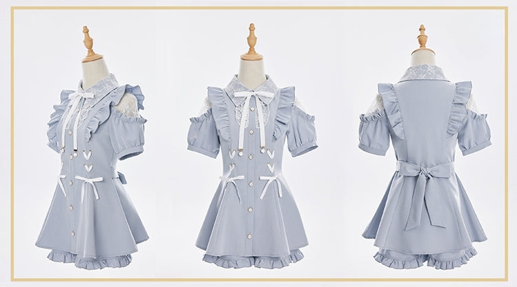 Coord Shorts with Kei Lace Set: Top Alice Cut-Out Brooch Bow Jirai Shoulder Blue