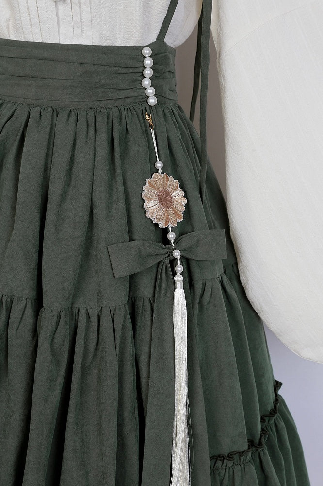 Sunflowers Embroidery Set + Tiered Sunflower Blouse Skirt Green with Charm Beige
